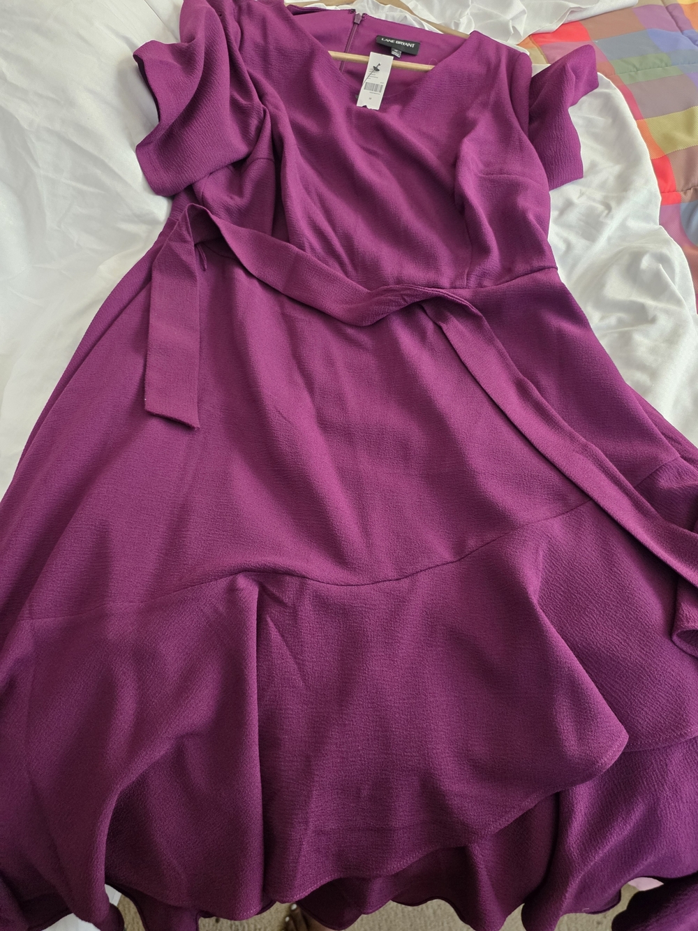Lane Bryant Ruffled V-Neck Belted Midi Dress in Magenta